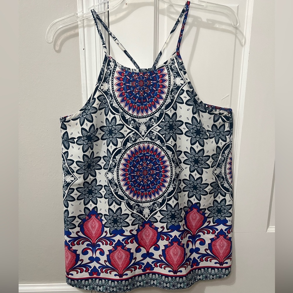 RENEE C. Women's M Halter Top Sexy Satin Feel Blue Pink White Paisley BOHO CHIC